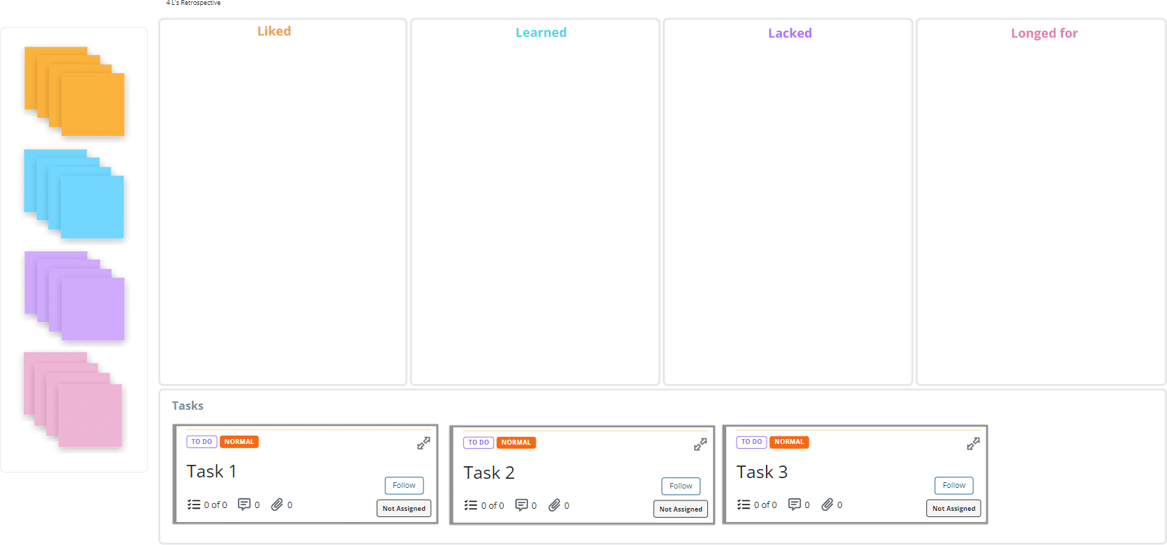 Quick Retrospective Liked, Learned, Lacked & Longed For with cards